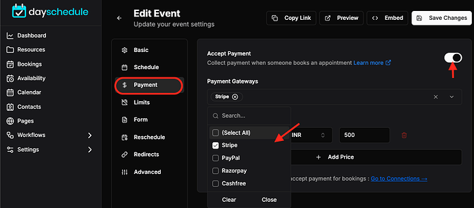 Add stripe payment gateway on event