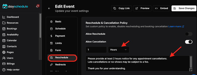 Custom cancellation policy for meetings
