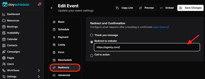 Redirect to website after appointment confirmed