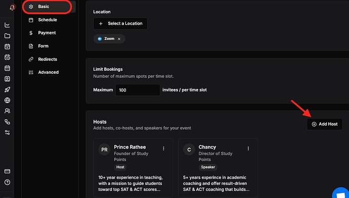 Add host and location in webinar