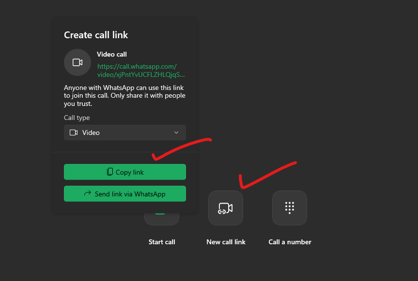 Video call link generated by WhatsApp